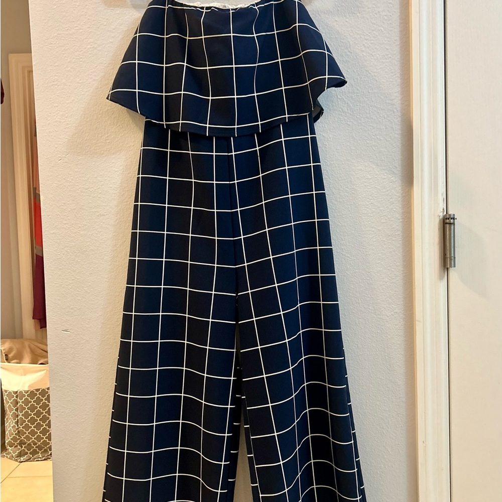 Forever 21 Navy Blue Checkered Tube Top Jumpsuit. NWT